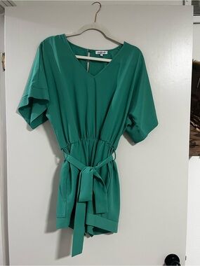 Emerald V-Neck Romper with Waist Tie